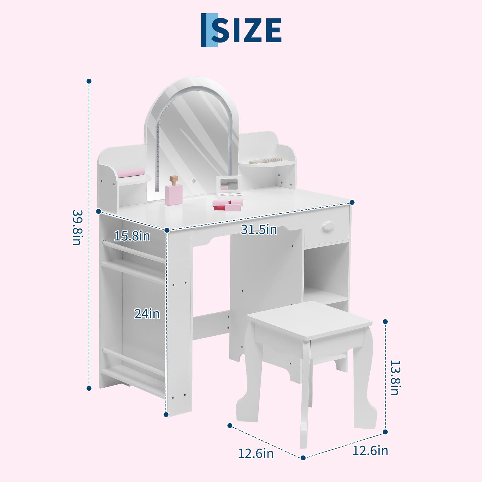 Coiffeuse Garvee pour enfants avec lumière LED et tabouret, réglable, MDF, blanche, pour filles de 3 à 9 ans, salle de jeux et chambre