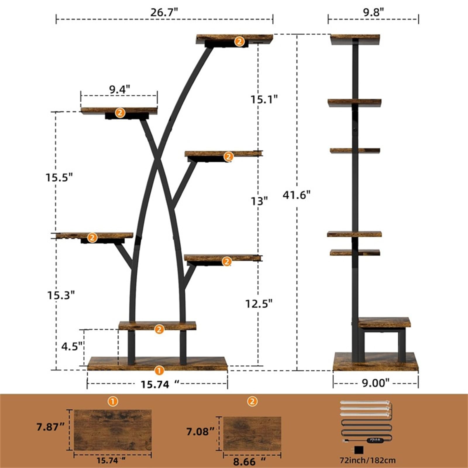 Support pour plantes en métal Garvee avec lampe de croissance à spectre complet à 3 têtes antirouille pour balcon, salon, chambre, capacité de charge jusqu'à 68 kg (150 lbs)