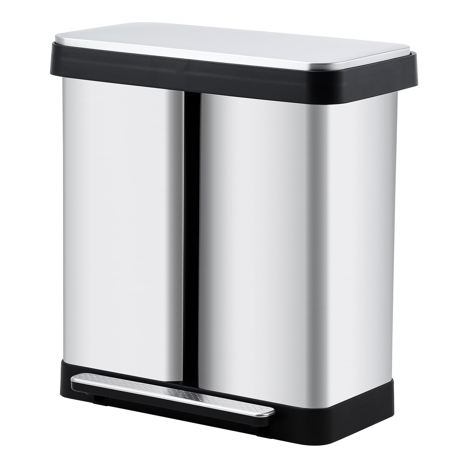 Poubelle de cuisine Garvee 2 x 36 L avec système de tri des déchets, en acier inoxydable, à pédale, double compartiment, sans contact et silencieuse, couleur argent.