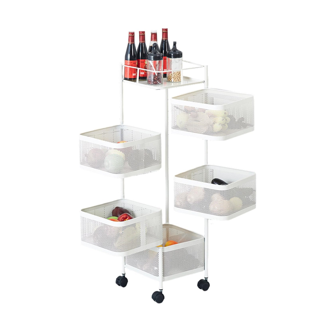 Chariot de rangement de cuisine Garvee à 5 étagères, panier à fruits rotatif, structure métallique robuste, à roulettes pour la cuisine et le garde-manger, noir