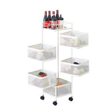 Chariot de rangement de cuisine Garvee à 5 étagères, panier à fruits rotatif, structure métallique robuste, à roulettes pour la cuisine et le garde-manger, noir