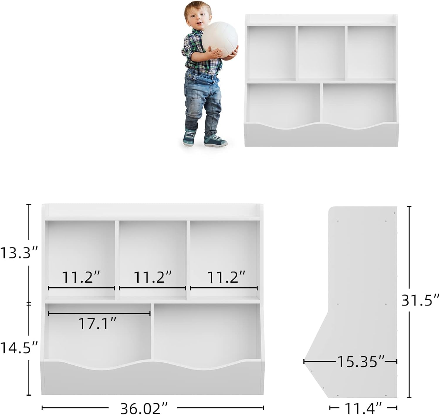 Bibliothèque pour enfants Garvee avec 3 compartiments ouverts et 2 boîtes basculantes, idéale pour la chambre et la salle de jeux. En bois naturel, 36 x 11 x 31 cm.
