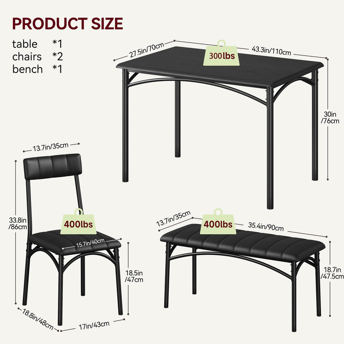 Garvee Ensemble table à manger pour 4 personnes, table rectangulaire avec banc et chaises rembourrés, MDF et acier, gain de place, montage facile, petits espaces