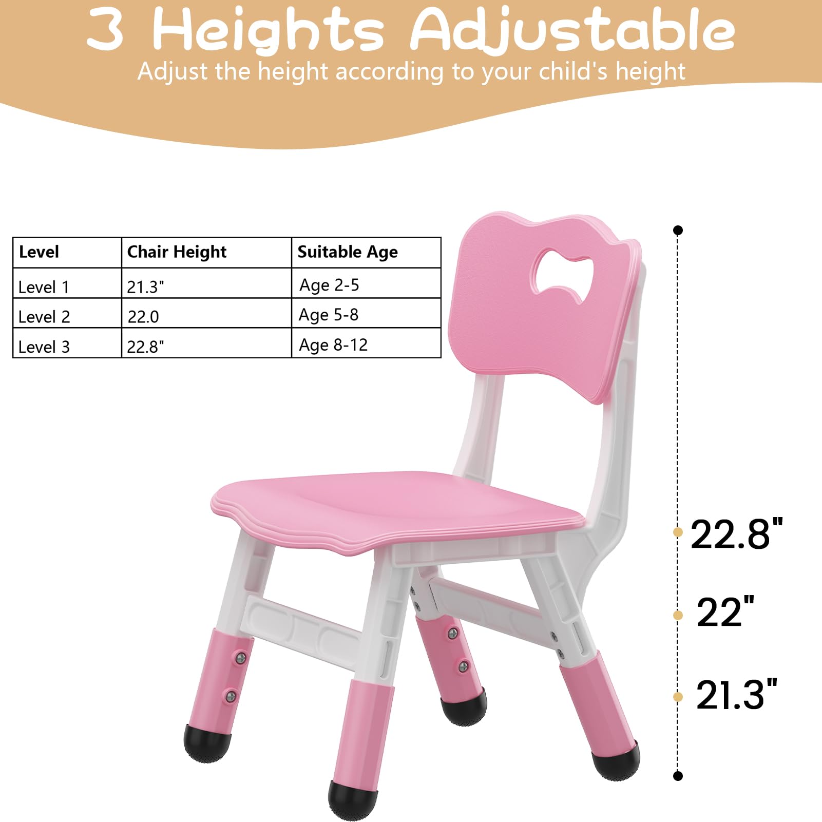 Chaise haute enfant Garvee, réglable en hauteur (3 niveaux), en plastique antidérapant, rose, pour la maison et la maternelle, lot de 2