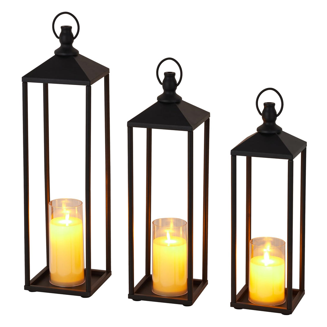 Ensemble de 3 lanternes décoratives en métal Garvee avec bougies LED sans flamme, noires, pour une utilisation intérieure et extérieure, jardin et terrasse, 22", 19", 17"