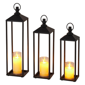 Garvee lot de 3 lanternes décoratives métal avec bougies LED sans flamme, 56 / 48 / 43 cm, noires, intérieur et extérieur