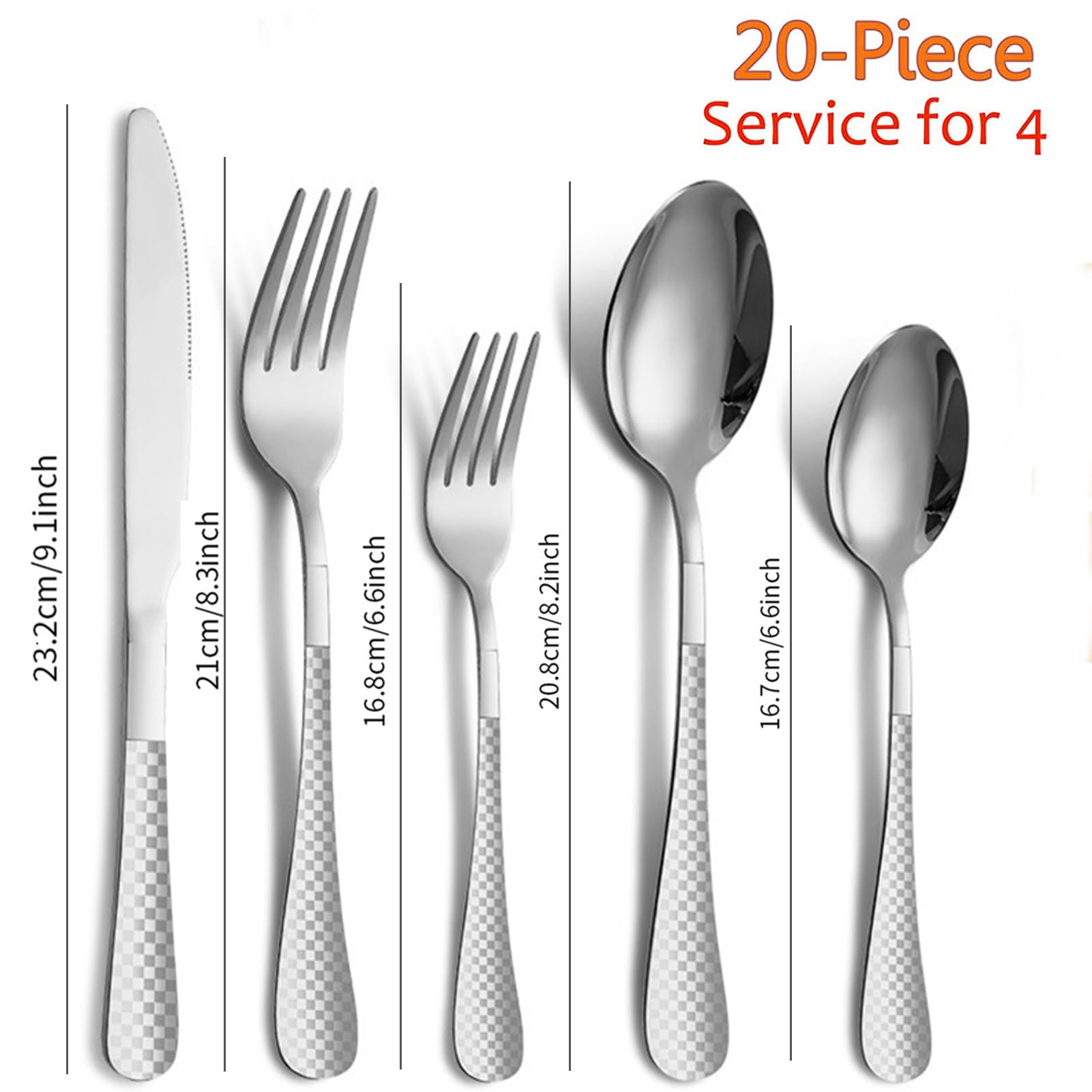 Garvee Ménagère 20 pièces en argent pour 4 personnes, acier inoxydable, motif à damier, finition polie miroir, compatible lave-vaisselle, pour la cuisine et la restauration, argent