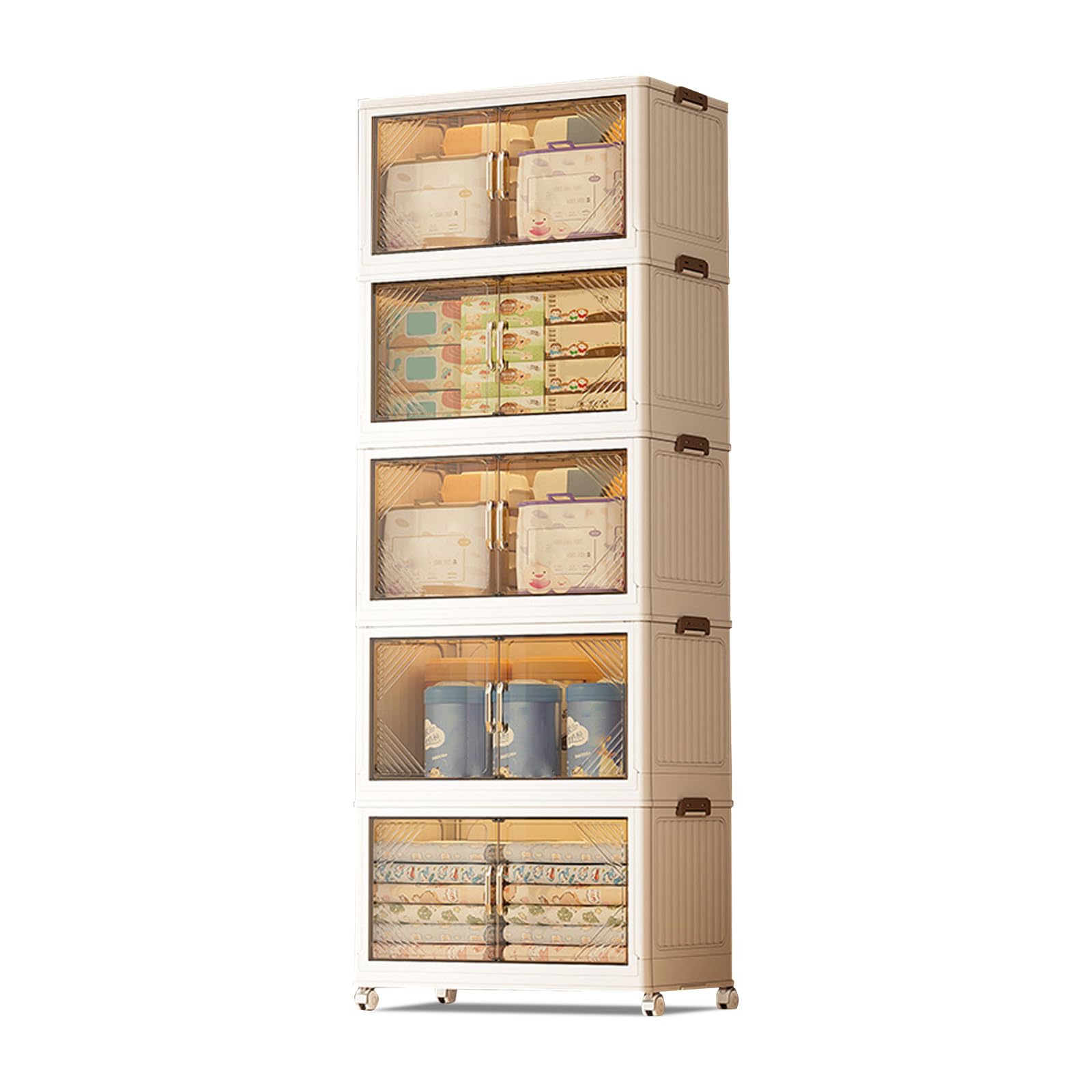 Garvee Boîtes de rangement empilables 5 niveaux avec roulettes, pliables, portes magnétiques transparentes, pour salon et chambre, 45 x 27 x 116cm