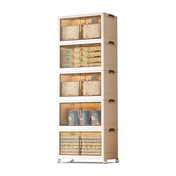 Garvee Boîtes de rangement empilables 5 niveaux avec roulettes, pliables, portes magnétiques transparentes, pour salon et chambre, 45 x 27 x 116cm