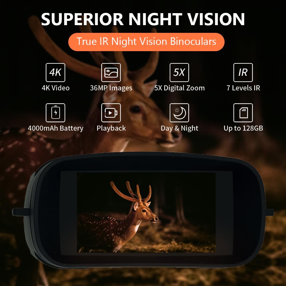 Jumelles infrarouges Garvee 4K 36MP pour le camping et la chasse, écran 3 pouces, noires