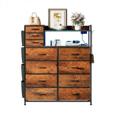 Garvee Commode Métallique 11 Tiroirs, 4 Poches Latérales en Tissu, Station de Charge et LED, Dessus Bois, pour Chambre, Salon et Bureau, Brun rustique - Brun rustique