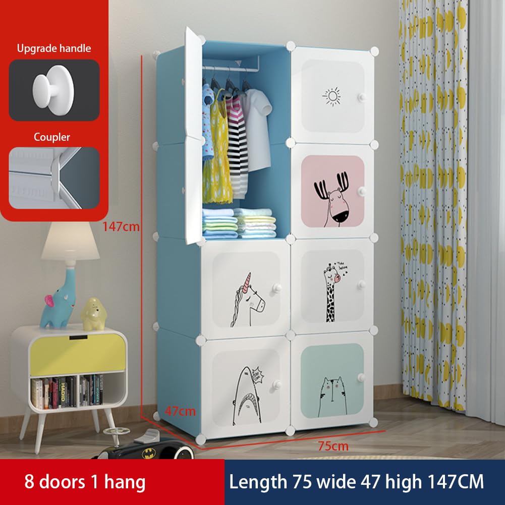Garvee Organisateur de garde-robe modulaire pour enfants, 8 cubes, à monter soi-même, bleu, 75 x 47 x 147 cm, pour chambre et couloir, gain de place, polyvalent