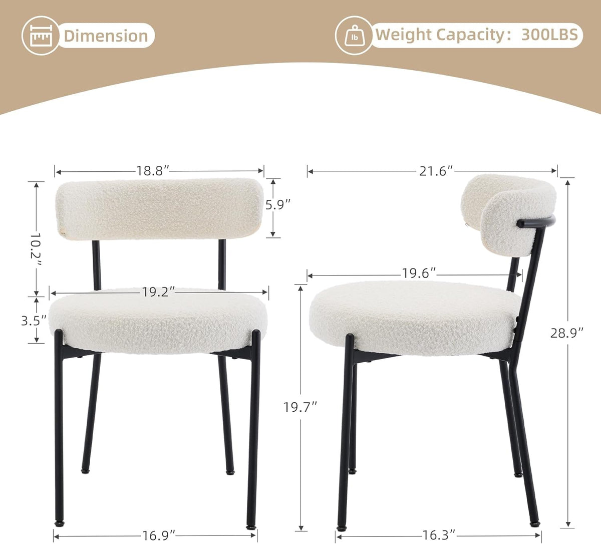 Ensemble de 2 chaises de salle à manger Garvee, style milieu du siècle, en tissu bouclé, pieds et dossier réglables, pieds en métal, ergonomiques et modernes, noires.