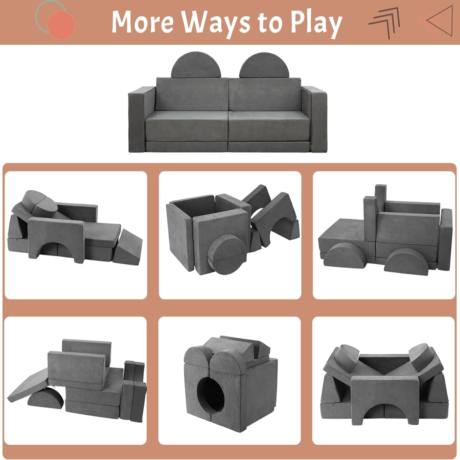 Canapé de jeu pour enfants Garvee, canapé modulaire 8 pièces, housse amovible en microfibre gris foncé, salle de jeux