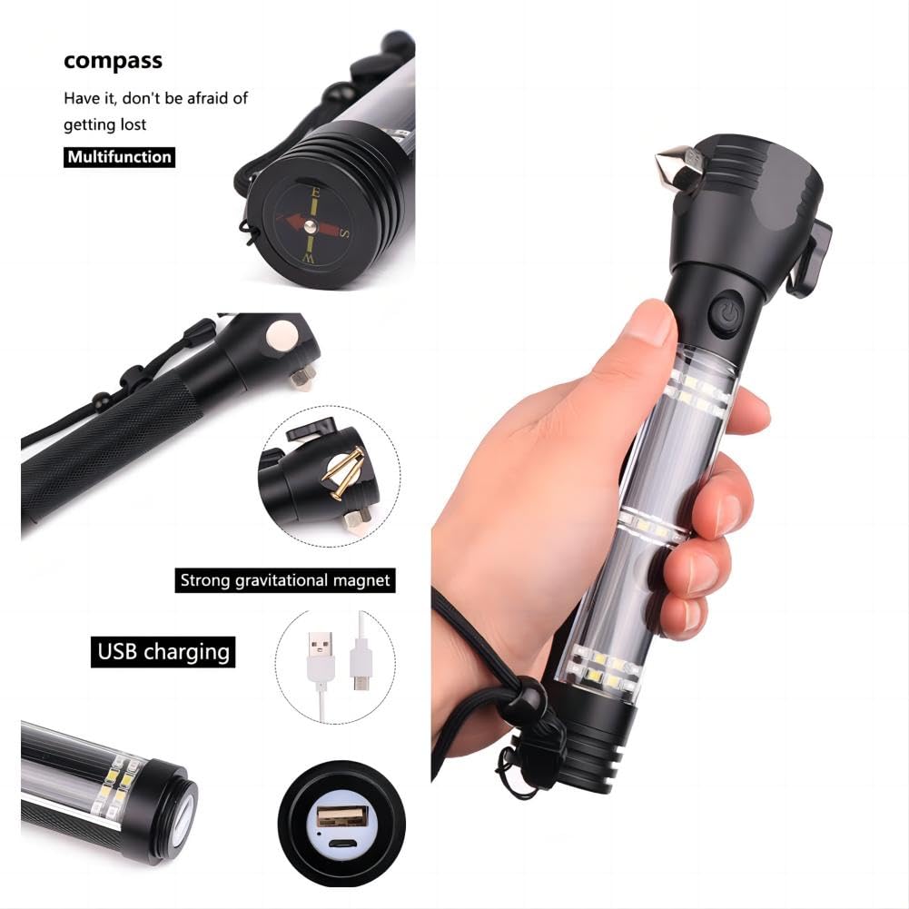 Lampe torche LED Garvee 10 en 1 pour voiture avec USB, solaire, 7 modes, multifonctionnelle pour les urgences et les activités de plein air, noire