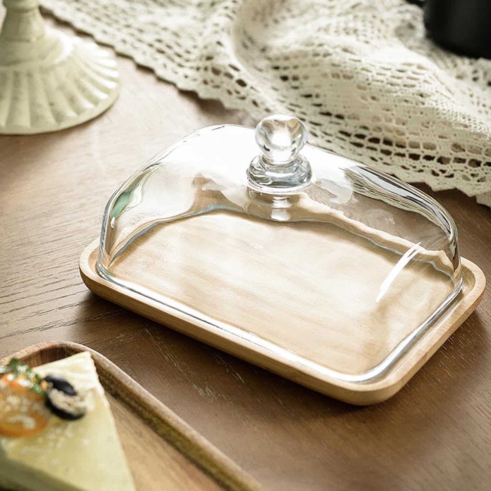 Beurrier en bois Garvee avec couvercle en verre, rectangulaire, en bambou, pour desserts et confiseries