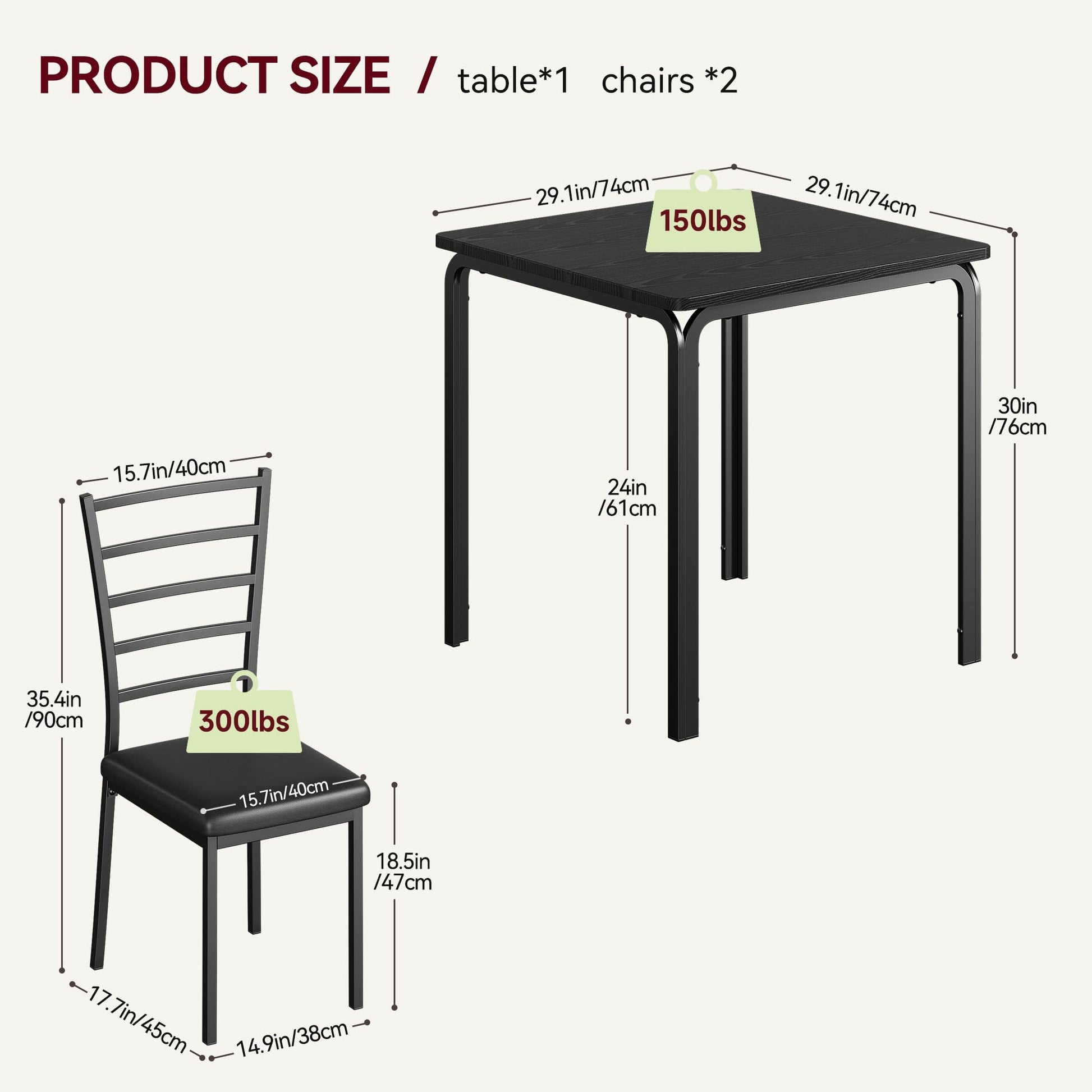 Ensemble table et chaises 3 pièces Garvee pour 2 personnes, plateau en MDF, gain de place, stable, idéal pour la cuisine et la salle à manger, design moderne, noir