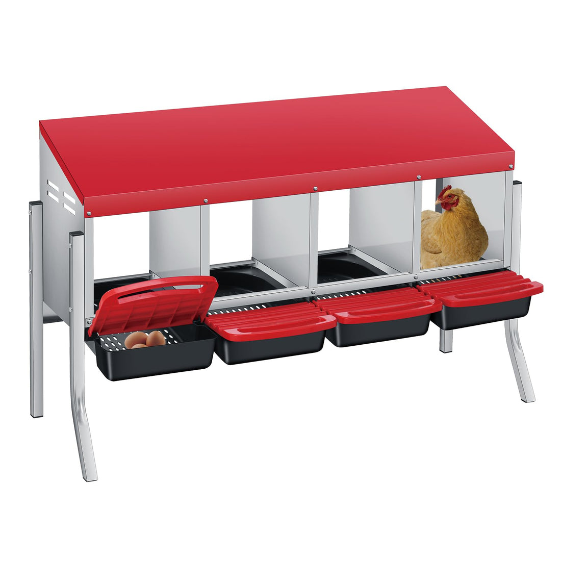 Garvee Nichoir pour Poules 4 Compartiments avec Support, Métal Galvanisé au Zinc avec Poignée en Plastique, Plateau Amovible, Rouge