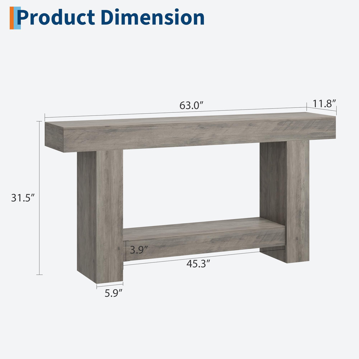 Garvee Table Console 160 cm en Bois Massif avec 2 Étagères, Style Maison de Campagne, pour Salon et Entrée, Gris