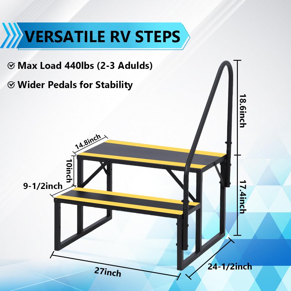 Garvee Escalier portable 2 marches avec rampe, bandes antidérapantes, pour camping-car, mobil-home, spa, caravane, piscine hors-sol, intérieur/extérieur