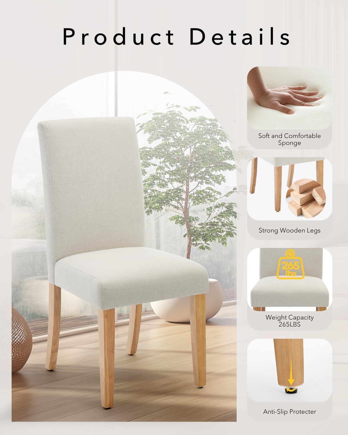 Chaises de salle à manger Garvee Parsons, lot de 2, rembourrées, ergonomiques, revêtement en lin, pieds en bois d'hévéa, pour la cuisine et le salon, beige
