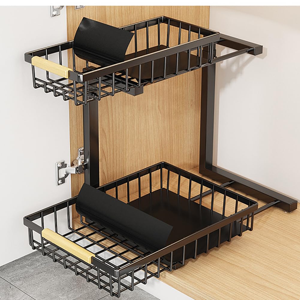 Organisateur sous évier Garvee en forme de L avec étagère coulissante à 2 niveaux pour cuisine et salle de bain, hauteur réglable, antirouille, acier au carbone