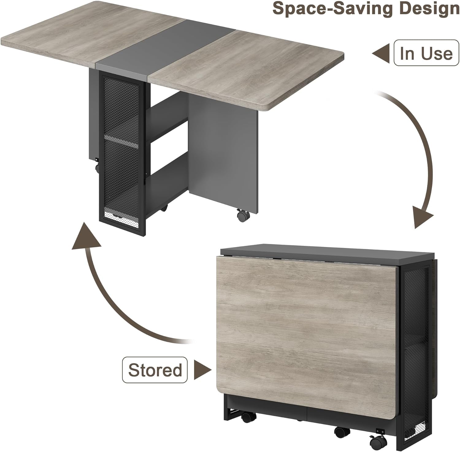 Garvee Table à Manger Pliante Grise avec Rangement 2 Niveaux, Table de Cuisine Extensible à Rabats, Rectangulaire pour 4, Gain de Place, Bureau et Maison