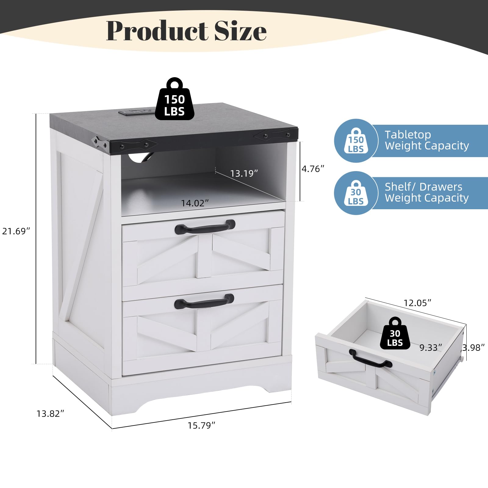 Table de chevet Garvee style ferme avec station de chargement USB, 2 tiroirs, bois massif, blanc, style industriel, chambre