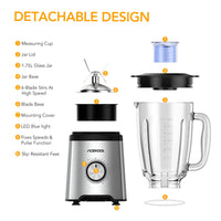 Robot pâtissier Garvee 800 W avec bol en verre de 1,75 L sans BPA, 6 lames en acier inoxydable, 5 vitesses, silencieux, noir