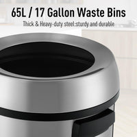 Poubelle ouverte Garvee 65 L (17 gal) en acier inoxydable brossé robuste, sans couvercle, avec poignées, pour la cuisine et l'extérieur.