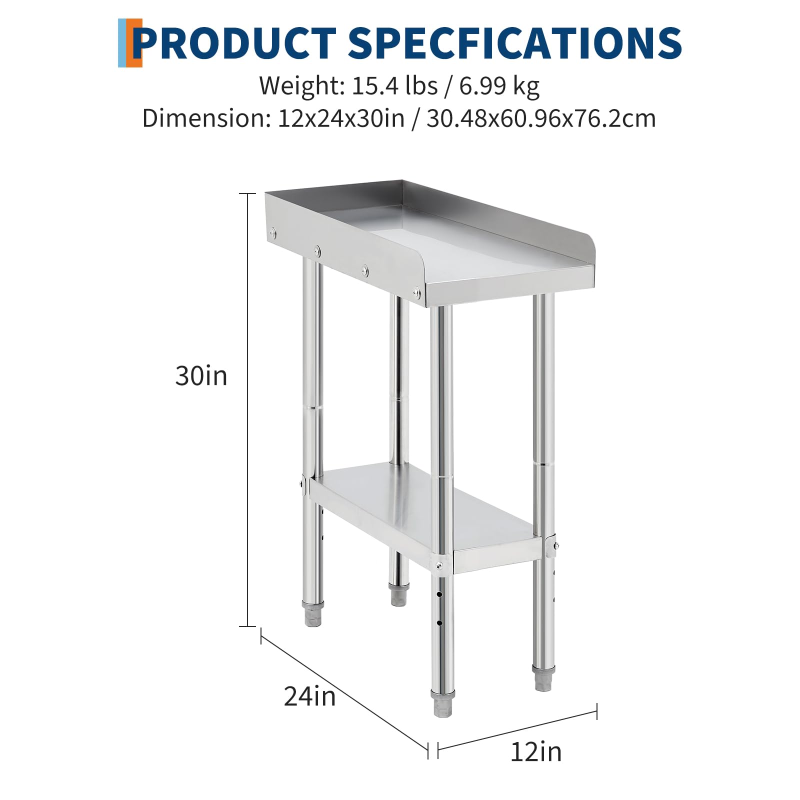 Table de cuisson Garvee en acier inoxydable 30,5 x 61 x 76 cm avec rebord de 5 cm et roulettes verrouillables pour la cuisine et le barbecue, capacité de charge de 300 kg, certifiée NSF, construction robuste, argent