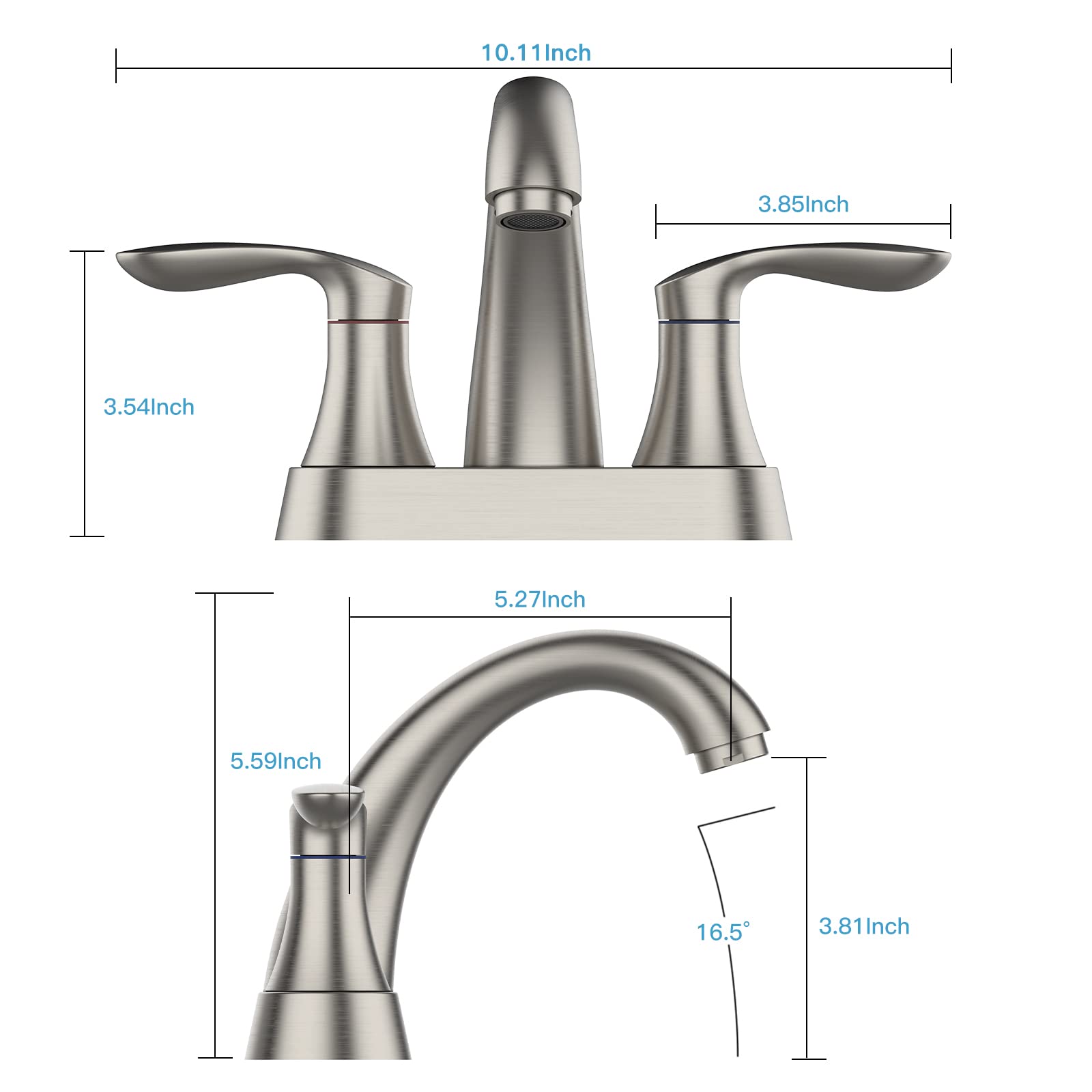 Robinet de salle de bain Garvee de 10 cm (4 po), valve en céramique, fini nickel brossé, double poignée, bonde escamotable, installation facile