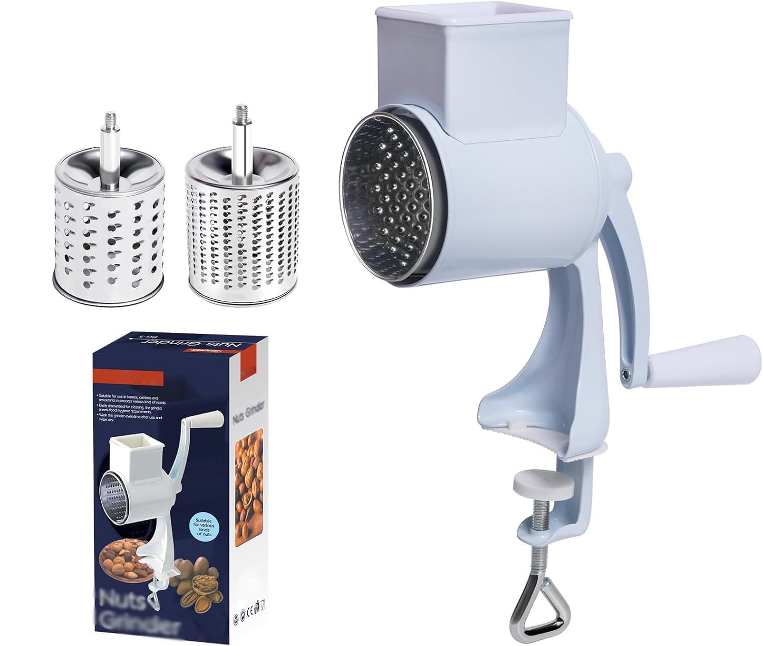 Râpe à tambour Garvee en acier inoxydable avec manivelle - Multifonctionnelle pour noix, fromage et épices, blanche, pour la cuisine