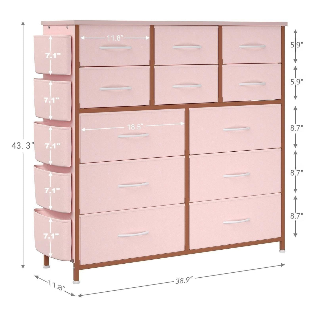 Garvee commode à 12 tiroirs, en tissu, structure en métal, plateau en bois avec poches latérales et crochets, pour la chambre, rose