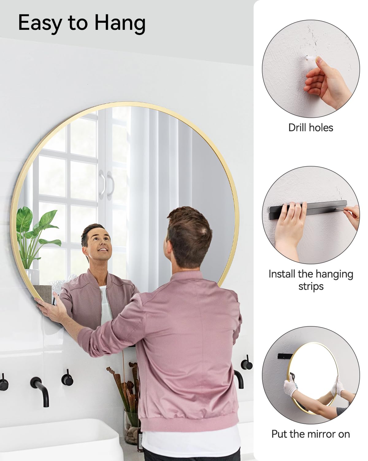 Miroir rond doré Garvee 20 pouces, verre HD, cadre en métal doré mat, sans distorsion, pour salle de bain et salon