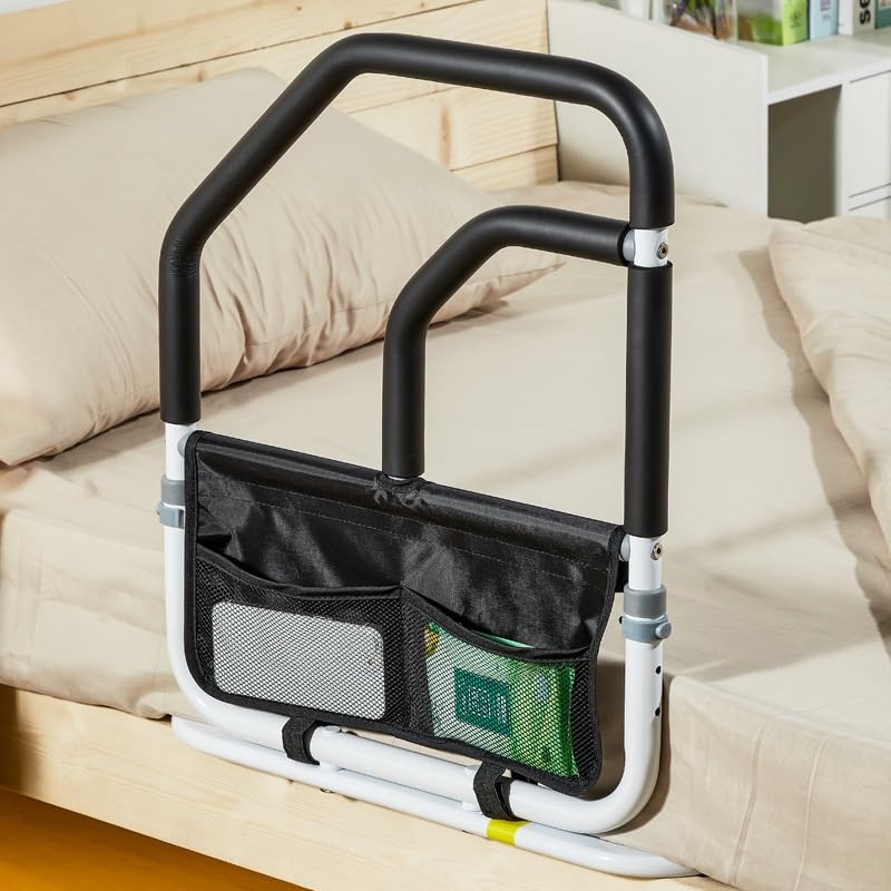 Barrière de lit de sécurité Garvee pour personnes âgées avec double main courante, sac de rangement, cadre en acier, noir, 68 x 63 x 62 cm