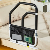 Barrière de lit de sécurité Garvee pour personnes âgées avec double main courante, sac de rangement, cadre en acier, noir, 68 x 63 x 62 cm