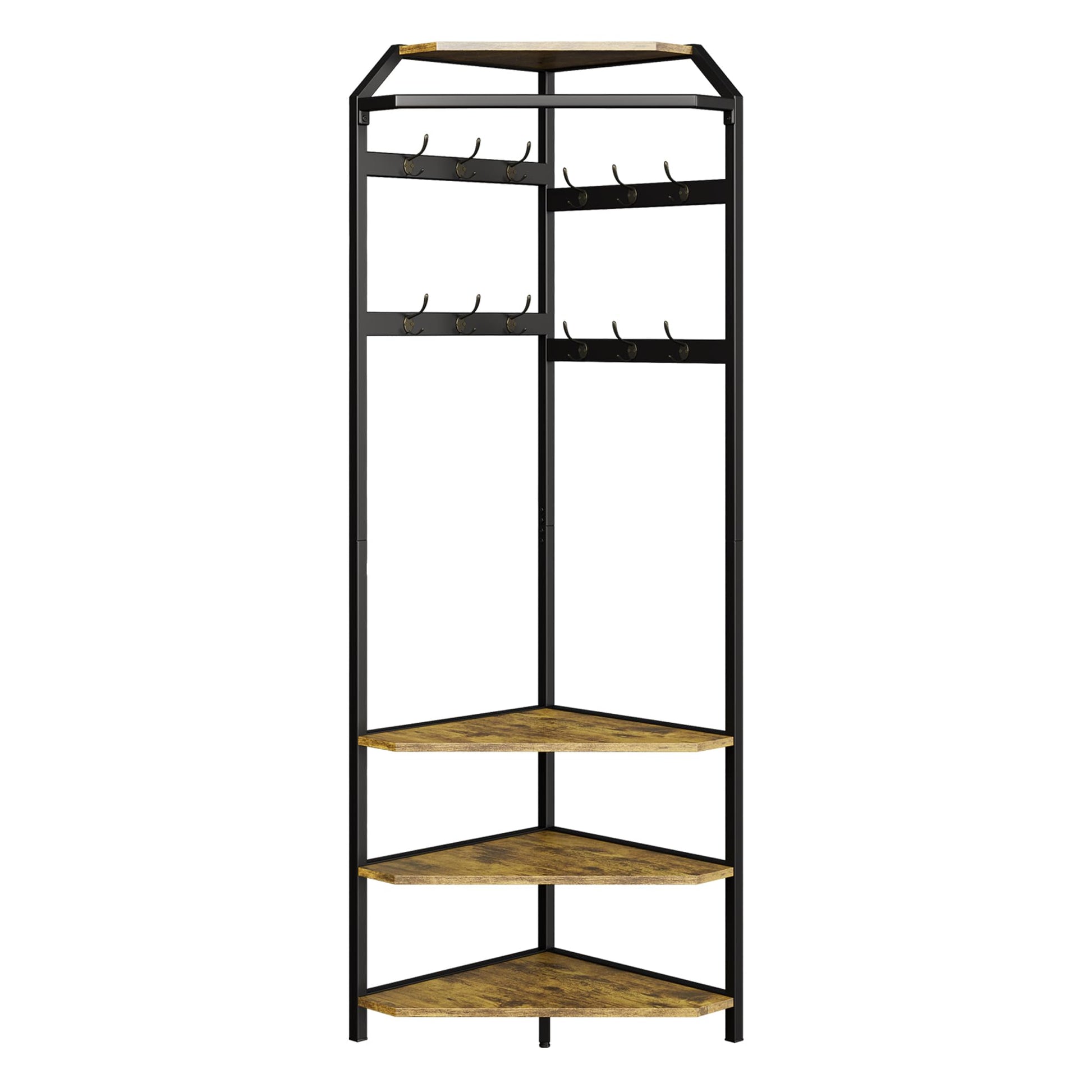 Armoire d'angle Garvee avec banc à chaussures et porte-manteau 3 en 1 à 6 crochets doubles, idéale pour l'entrée et le couloir. Couleur : marron rustique.