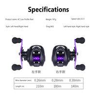 Moulinet de pêche Garvee Lure Low-Profile Baitcaster, ratio 6.3:1, métal, longue portée AC2000, violet, pour droitier.