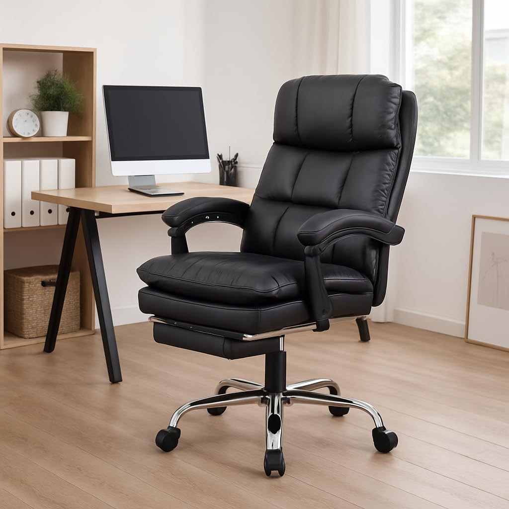 Chaise de bureau Garvee en cuir PU, ergonomique et réglable, avec repose-pieds, structure en métal et pivotement à 360°, idéale pour la maison, le bureau et les jeux vidéo (noir).