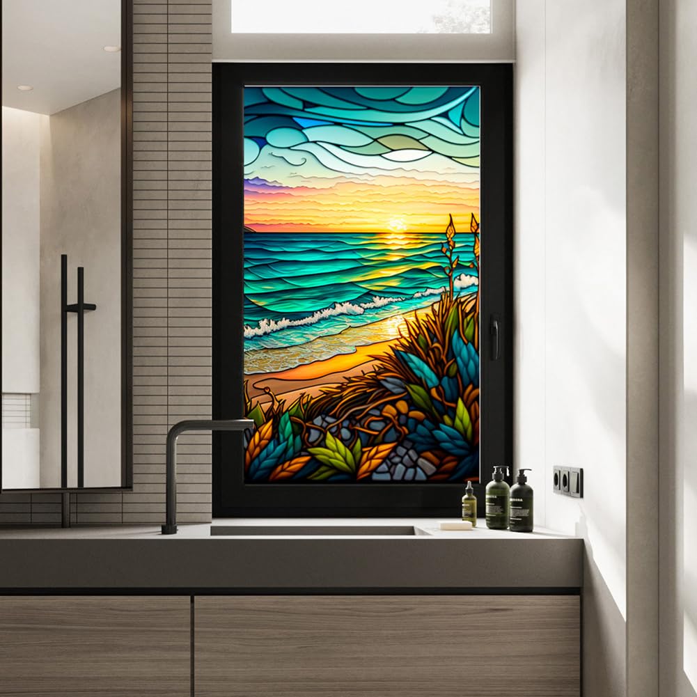 Film pour fenêtre PVC Garvee 60x100cm, motif coucher de soleil en bord de mer, protection UV, isolation thermique, coloré, pour fenêtres résidentielles et de bureaux