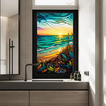 Film pour fenêtre PVC Garvee 60x100cm, motif coucher de soleil en bord de mer, protection UV, isolation thermique, coloré, pour fenêtres résidentielles et de bureaux