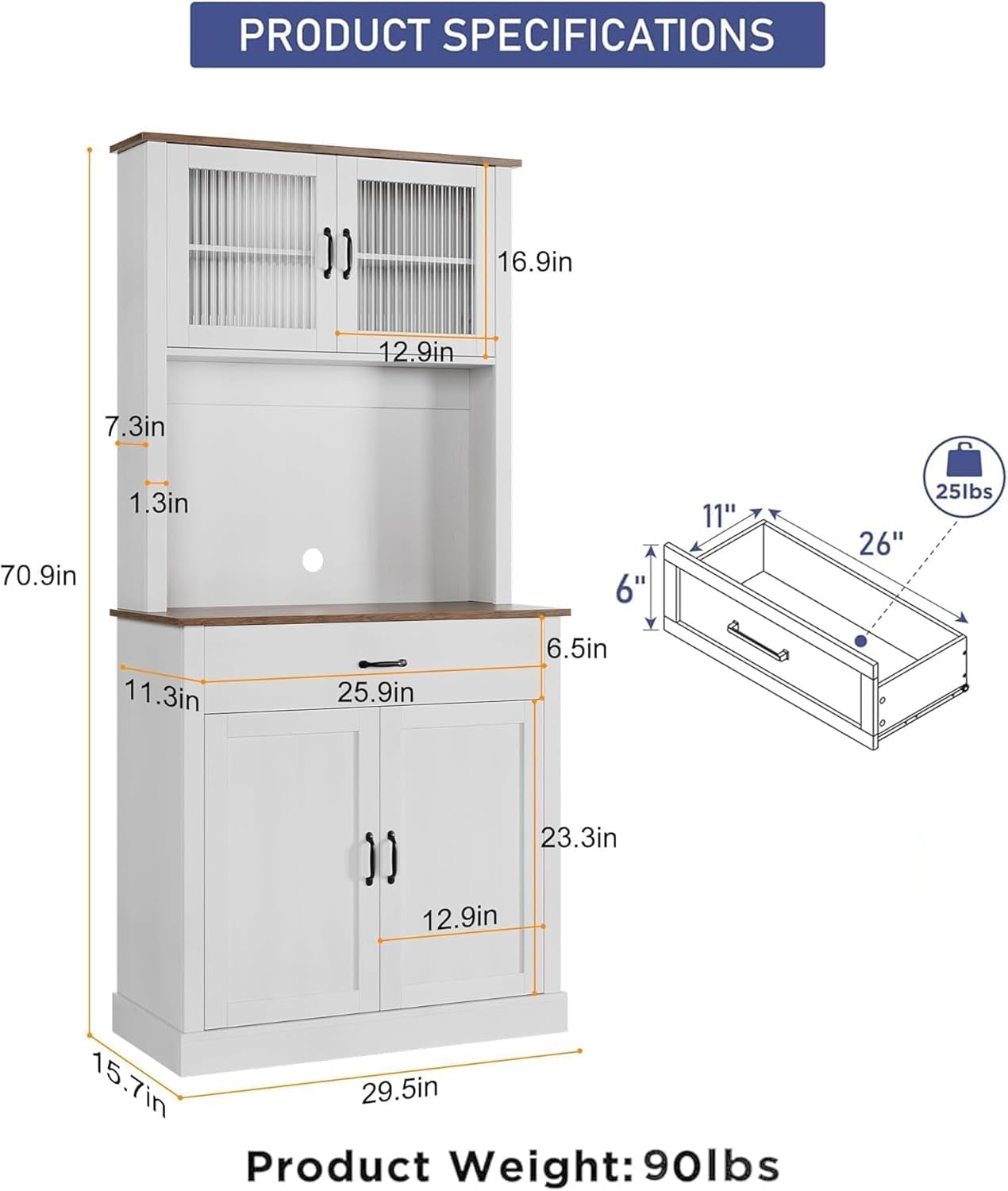 Garvee meuble de cuisine, 180 cm de haut, avec étagères réglables et façade en verre blanc, pour micro-ondes et salle à manger