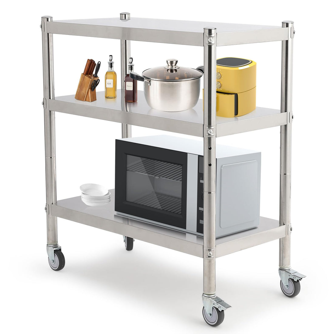 Étagère Garvee en acier inoxydable 81 x 41 x 91 cm, 3 niveaux, hauteur réglable, antirouille, robuste, idéale pour la cuisine et le rangement, couleur argent.