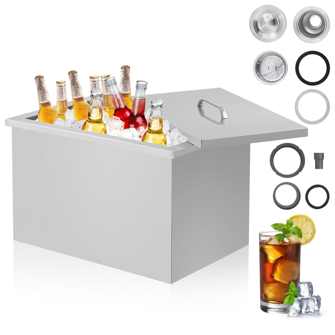 Glacière encastrable Garvee 25 QT en acier inoxydable avec couvercle et système de drainage, idéale pour les fêtes en extérieur et les bars, 25 QT, argent