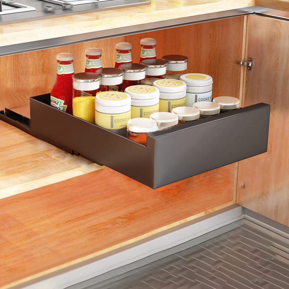 Organisateur de placard de cuisine extensible Garvee en acier au carbone, 25 cm de large, pour la cuisine et la salle de bain, silencieux, auto-adhésif, capacité de charge de 25 kg