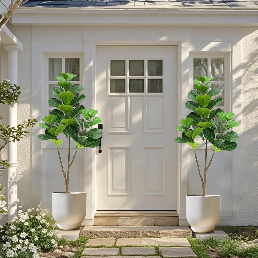 Ficus lyrata artificiel Garvee de 1,5 m avec pot en corde véritable, feuilles ajustables, base en ciment stable pour salon et bureau, vert, 1,5 mètre