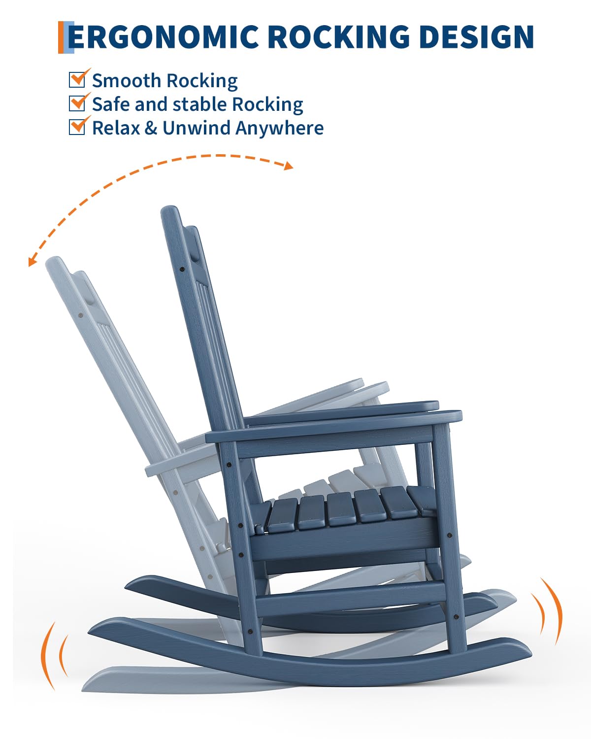 Garvee Chaise à bascule d’extérieur en PEHD effet bois, dossier haut, charge 172 kg, résistante aux intempéries, bleu marine, terrasse et patio
