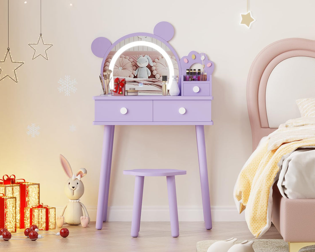 Ensemble coiffeuse pour enfants Garvee avec lumière LED, miroir ours, rangement, bois MDF, violet, pour chambre et salle de jeux