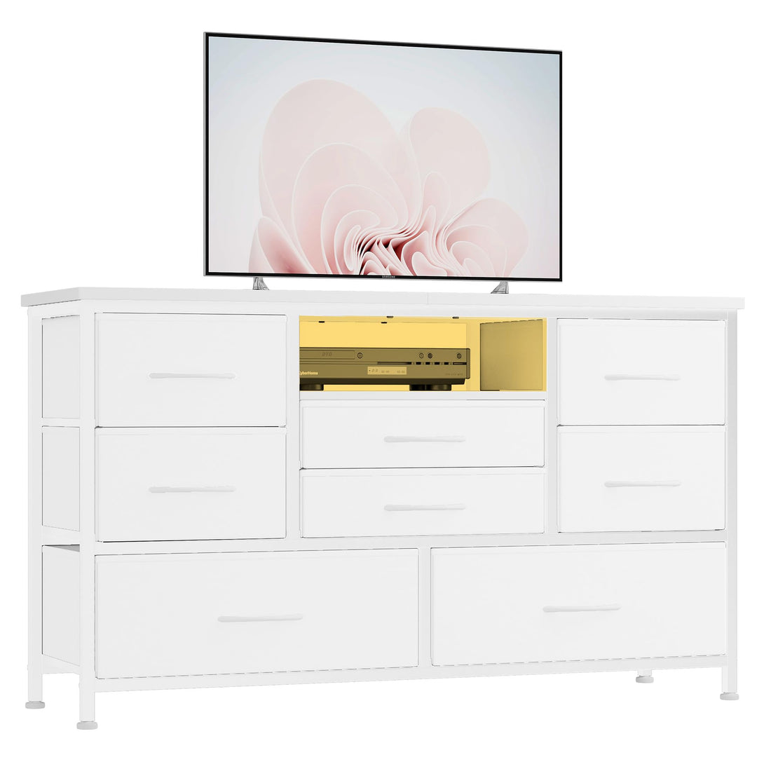 Meuble TV Garvee à 8 tiroirs avec éclairage LED et prise électrique pour salon et chambre, blanc, grand espace de rangement